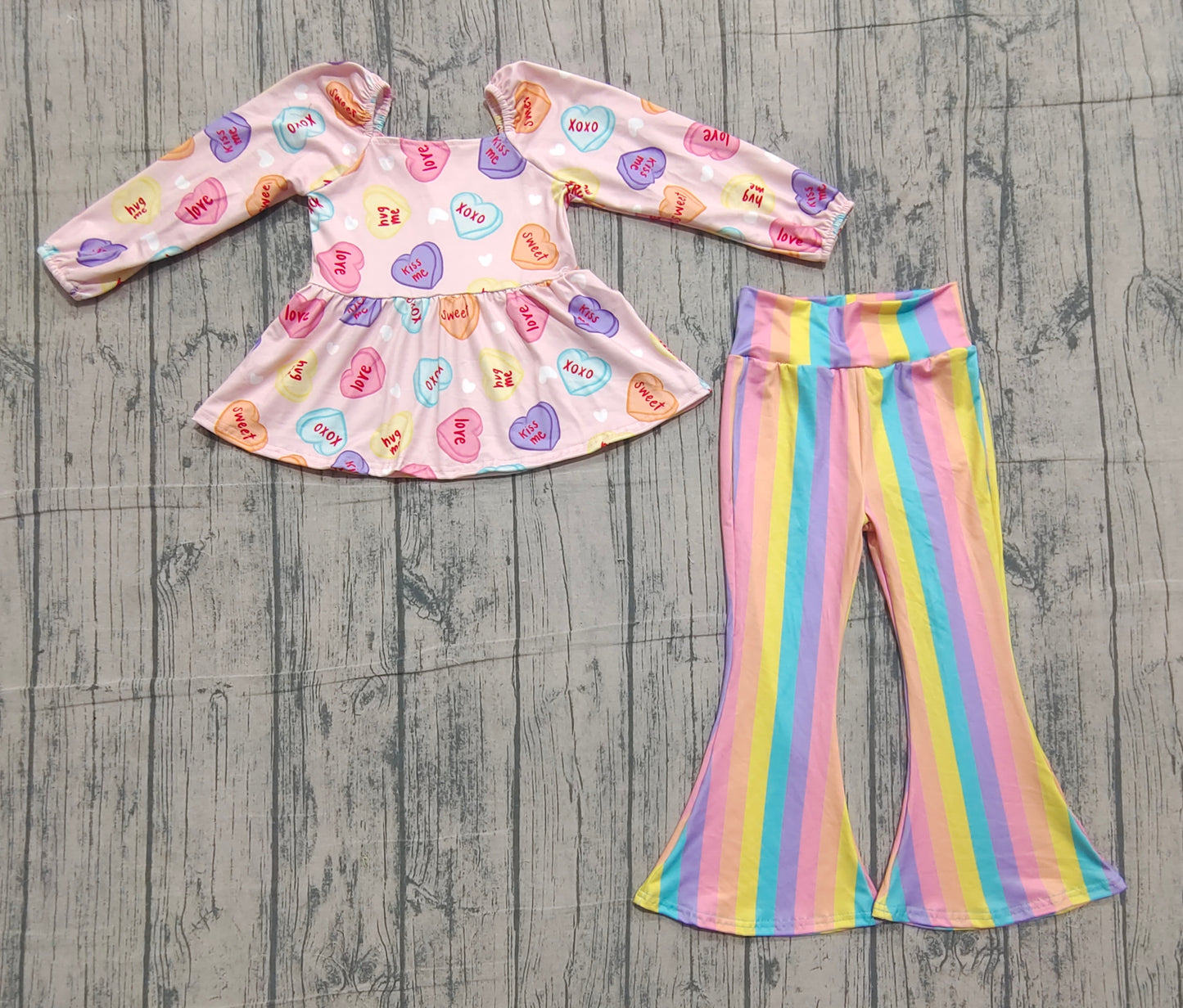 11.13 GLP3118 Sample No Moq Baby Girls Colorful Hearts Tunic Stripe Bell Bottom Pant Valentines Clothes Sets