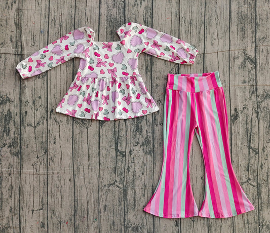 11.20 GLP3119 Sample No Moq Baby Girls Colorful Hearts Ruffle Top Stripe Bell Bottom Pant Valentine Clothes Sets