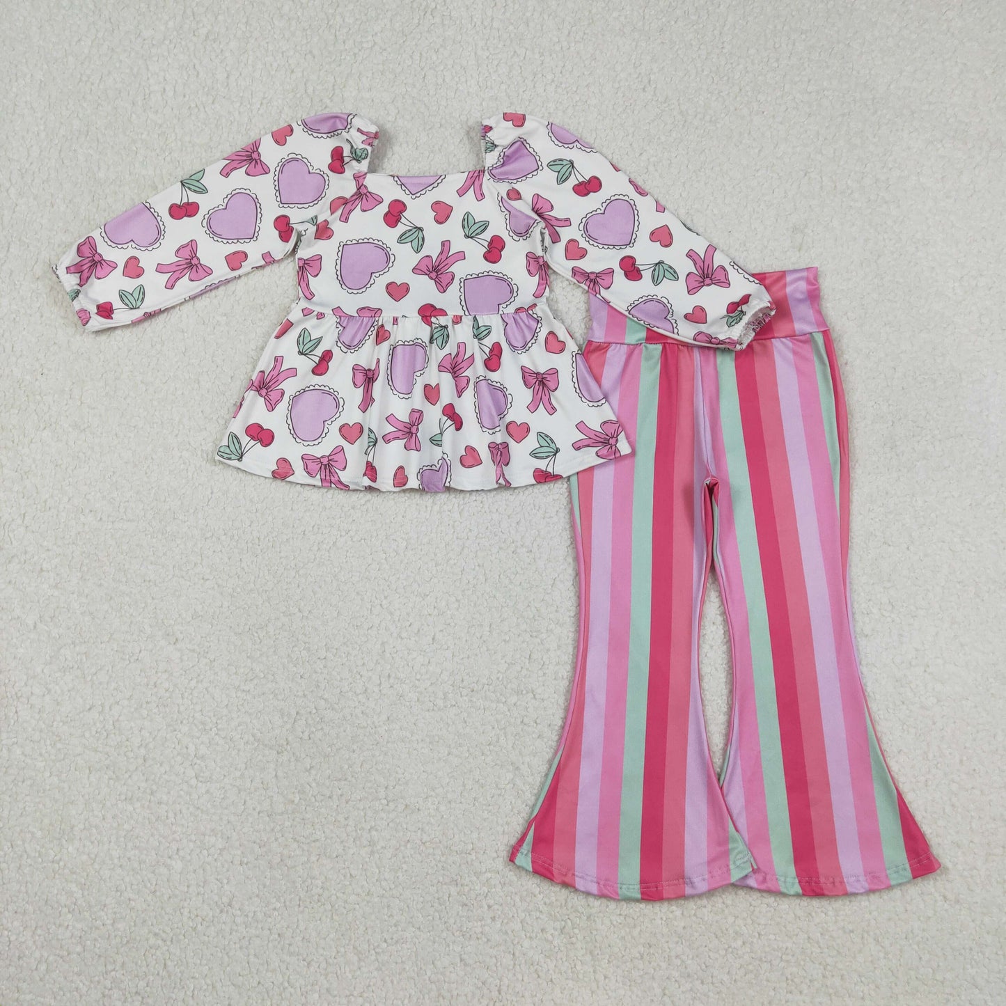 12.13 RTS NO MOQ （In stock）GLP3119 Baby Girls Colorful Hearts Tunic Stripe Bell Bottom Pant Valentines Clothes Sets