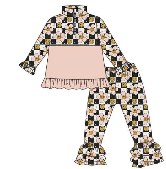 11.5 GLP3121 Pre order No Moq Baby Girls Black Checked Flowers Smiles Zipper Pullovers Ruffle Pants Clothes Sets