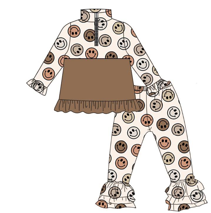 11.5 GLP3122 Pre order No Moq Baby Girls Brown Smiles Zipper Pullovers Ruffle Pants Clothes Sets