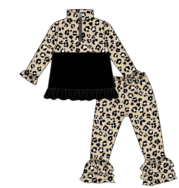 11.5 GLP3123 Pre order No Moq Baby Girls Black Leopard Zipper Pullovers Ruffle Pants Clothes Sets