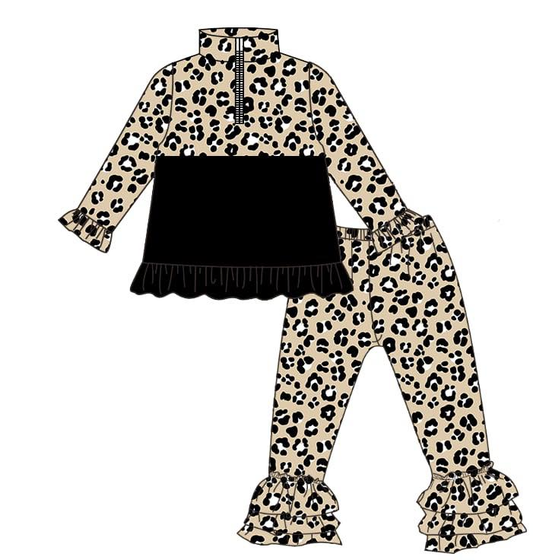 11.5 GLP3123 Pre order No Moq Baby Girls Black Leopard Zipper Pullovers Ruffle Pants Clothes Sets