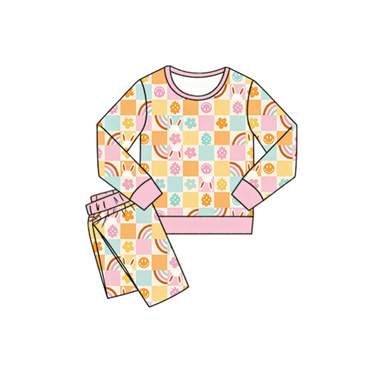 11.7 GLP3129 Pre order No Moq Baby Girls Rabbits Flowers Checked Top Pants Easter Pajamas Sets