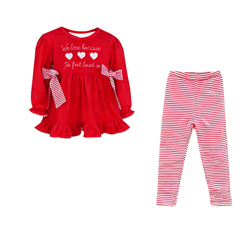 11.7 GLP3133 Pre order No Moq Baby Girls Red Hearts Bows Tunic Stripes Leggings Valentine Clothes Sets