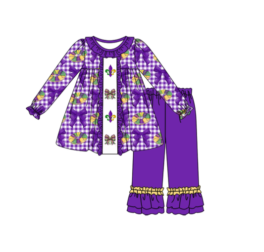 11.7 GLP3134 Pre order No Moq Baby Girls Mardigras Donuts Anchor Bows Checked Tunic Ruffle Pants Clothes Sets