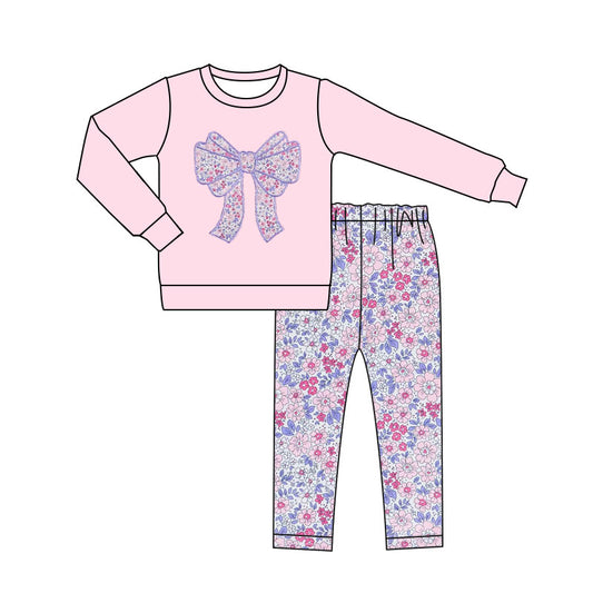 11.8 GLP3136 Pre order No Moq Baby Girls Pink Floral Bows Top Leggings Pant Clothes Sets