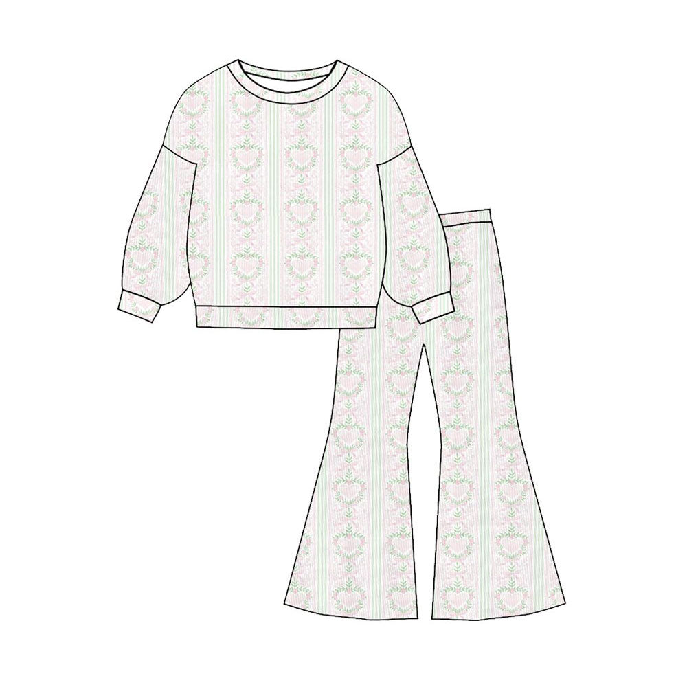 11.11 GLP3137 Pre order No Moq Baby Girls Floral Hearts Stripe Top Flare Bottom Pants Clothes Sets