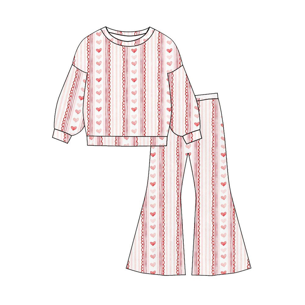 11.11 GLP3139 Pre order No Moq Baby Girls Hearts Stripe Top Flare Bottom Pants Valentines Clothes Sets