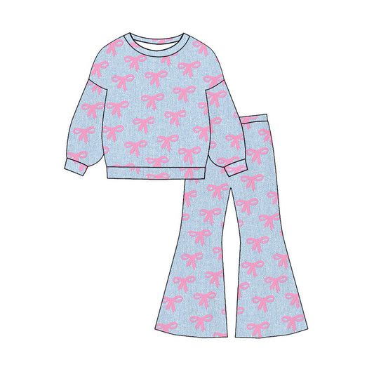 11.11 GLP3140 Pre order No Moq Baby Girls Bows Plaid Top Flare Bottom Pants Valentines Clothes Sets