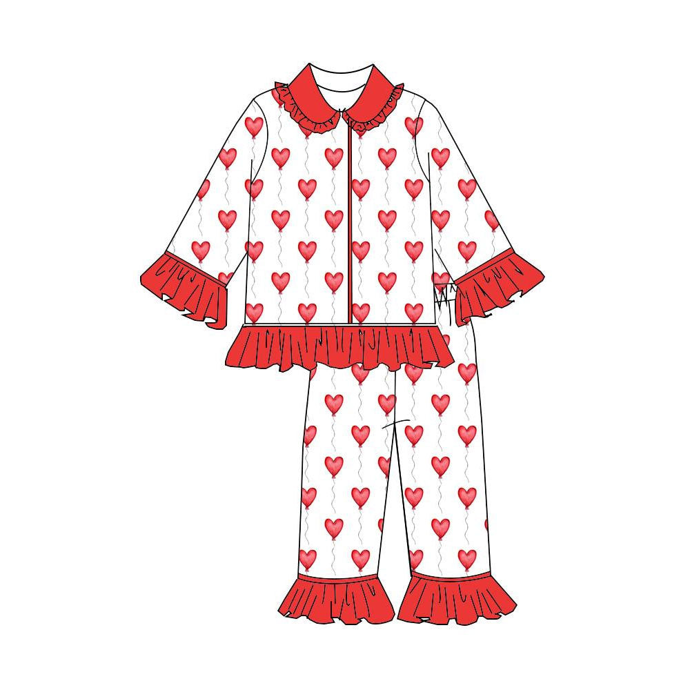 11.11 GLP3152 Pre order No Moq Baby Girls Hearts Balloons Button Ruffle Pants Valentines Pajamas Sets