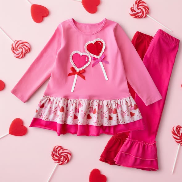 11.12 GLP3155 Pre order No Moq Baby Girls Bows Hearts Ruffle Tunic Pants Valentines Clothes Sets