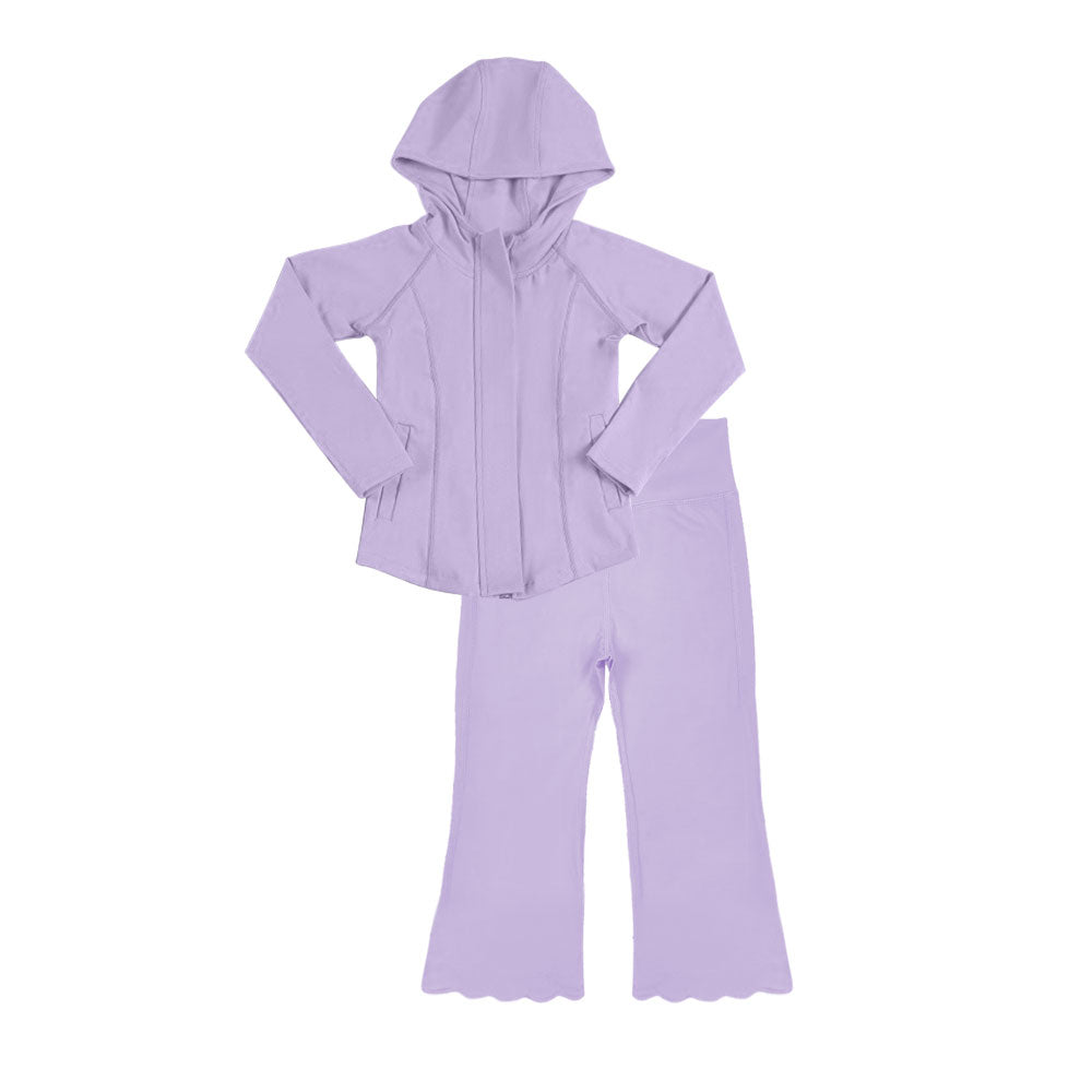 11.12 GLP3157 Pre order No Moq Yoga fabric Baby Girls Lavender Pockets Zipper Hoodies Jackets Flare Pants Yoga Clothes Sets