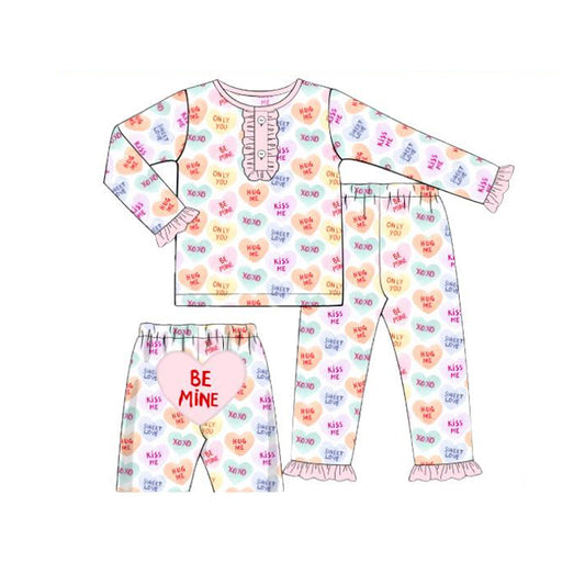 11.12 GLP3159 Pre order No Moq Baby Girls Hearts XOXO Button Ruffle Pants Valentines Pajamas Sets
