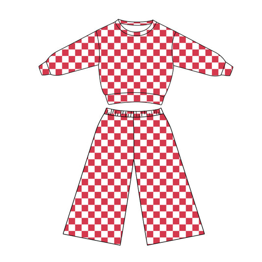 11.13 GLP3166 Pre order No Moq Baby Girls Red Checked Top Flare Pants Clothes Sets