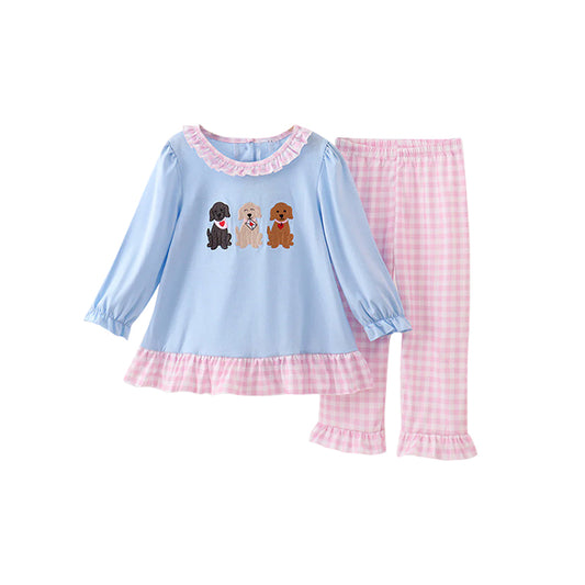 11.14 GLP3170 Pre order No Moq Baby Girls Hearts Dogs Collar Tunic Checked Ruffle Pants Valentines Clothes Sets