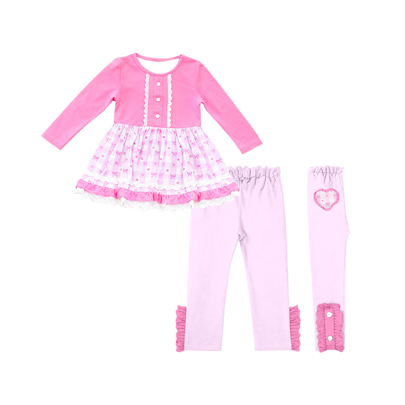 11.15 GLP3171 Pre order No Moq Baby Girls Pink Bows Checked Button Tunic Leggings Clothes Sets