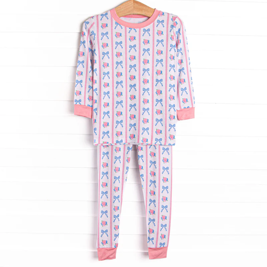 11.19 GLP3178 Pre order No Moq Baby Girls Pink Blue Bows Flowers Stripe Top Pants Pajamas Sets