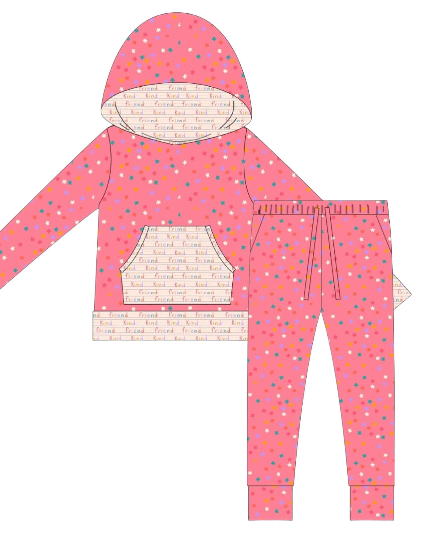11.19 GLP3179 Pre order No Moq Baby Girls Colorful Stars Kind Friend Pocket Hoodie Pocket Pant Clothes Set