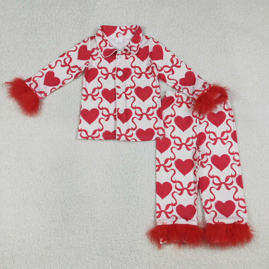 1.9 RTS NO MOQ （In stock）GLP3221 Baby Girls Bow Hearts Checked Button Top Pant Valentines Fur Sleeve Pajamas Sets