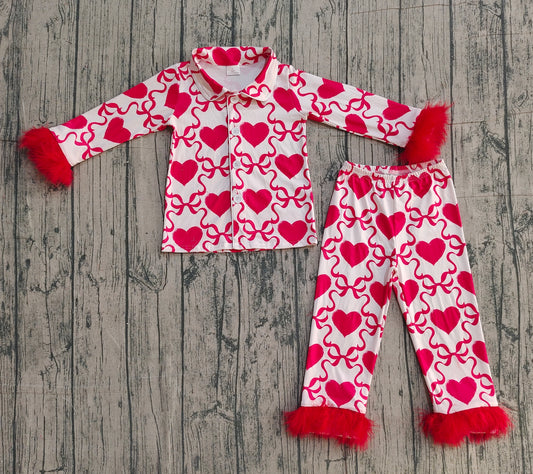 12.11 GLP3221 Pre order No Moq Baby Girls Bow Hearts Checked Button Top Pant Valentines Fur Sleeve Pajamas Sets