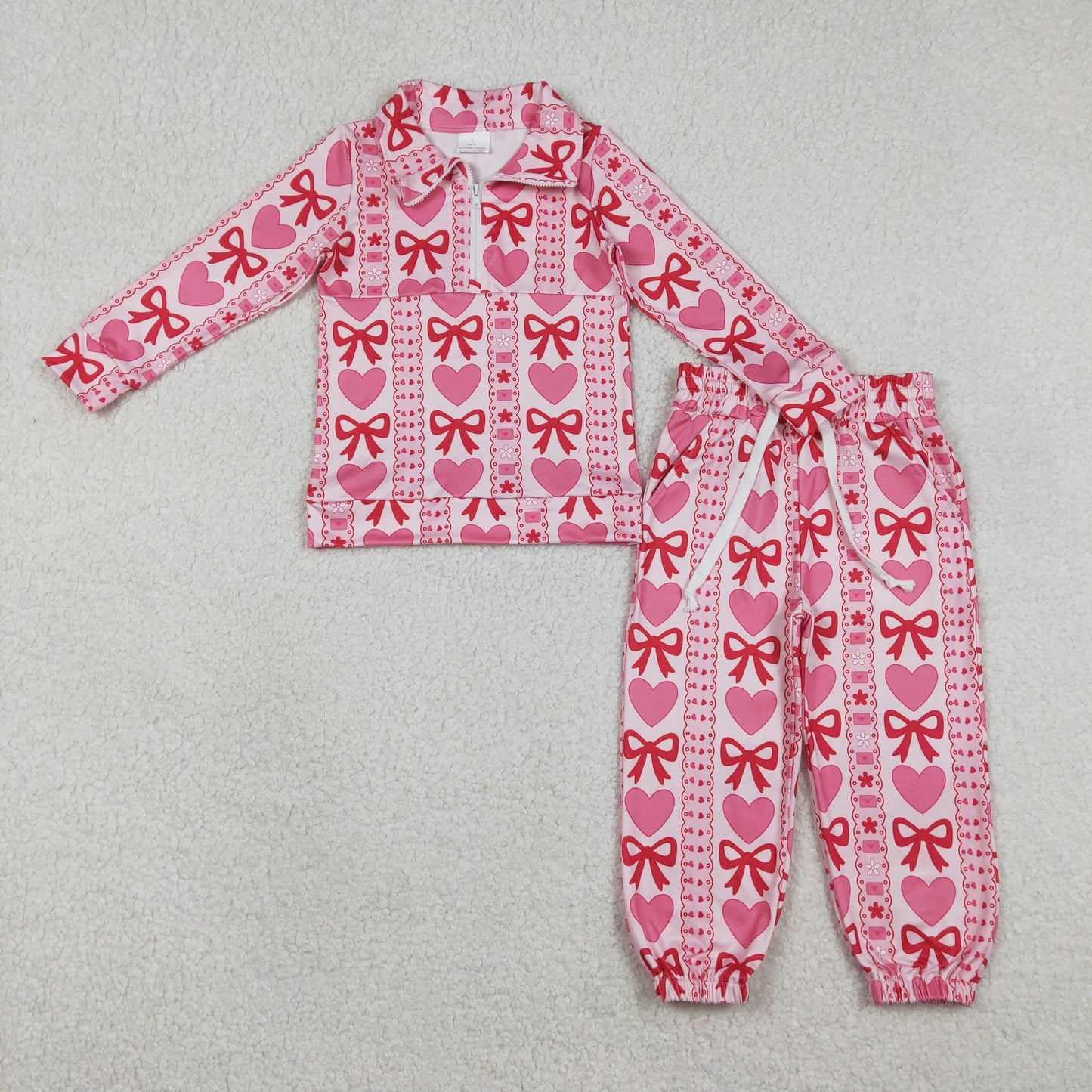12.27 RTS NO MOQ （In stock）GLP3236 Baby Girls Bows Hearts Stripe Zipper Pullovers Jogger Valentines Clothes Sets