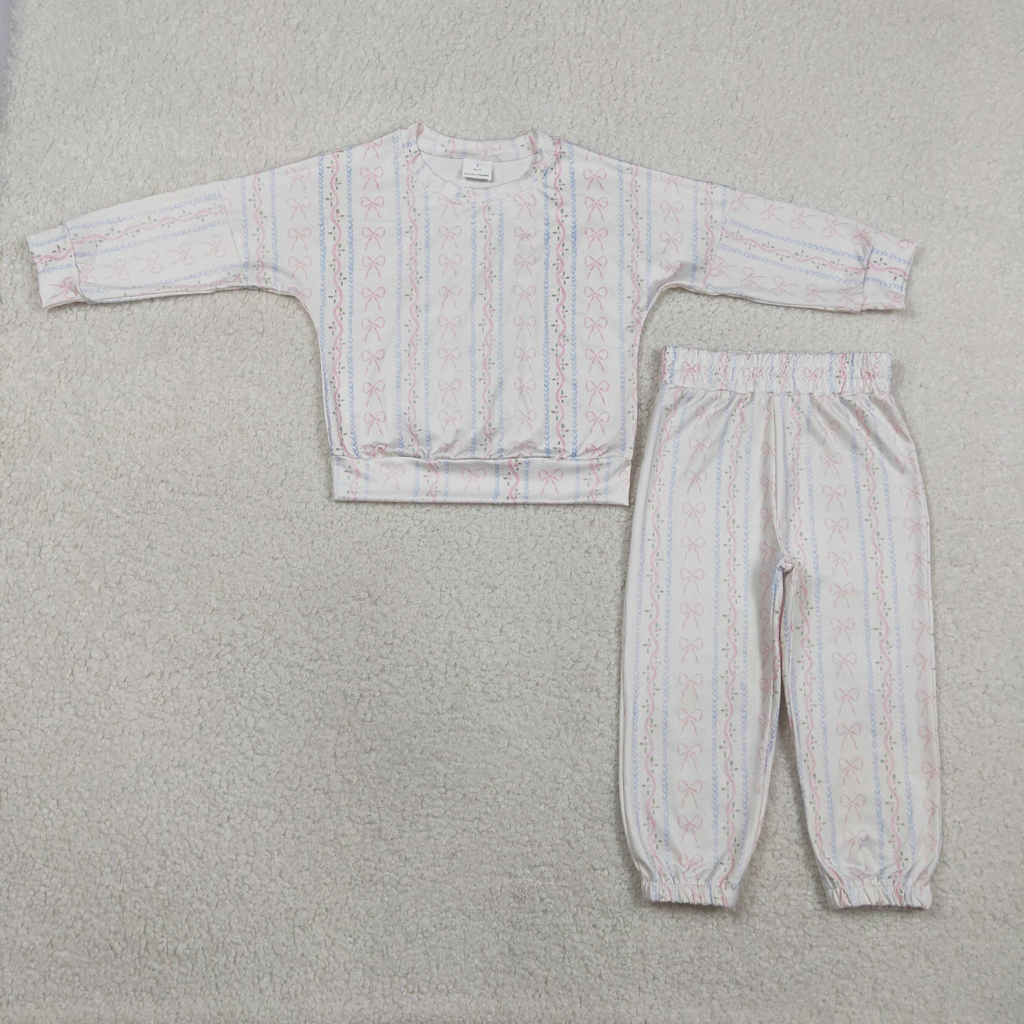 1.31 RTS NO MOQ （In stock）GLP3238 Baby Girls Bows Flowers Stripe Top Jogger Pants Pajamas Clothes Sets