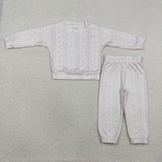 1.31 RTS NO MOQ （In stock）GLP3238 Baby Girls Bows Flowers Stripe Top Jogger Pants Pajamas Clothes Sets