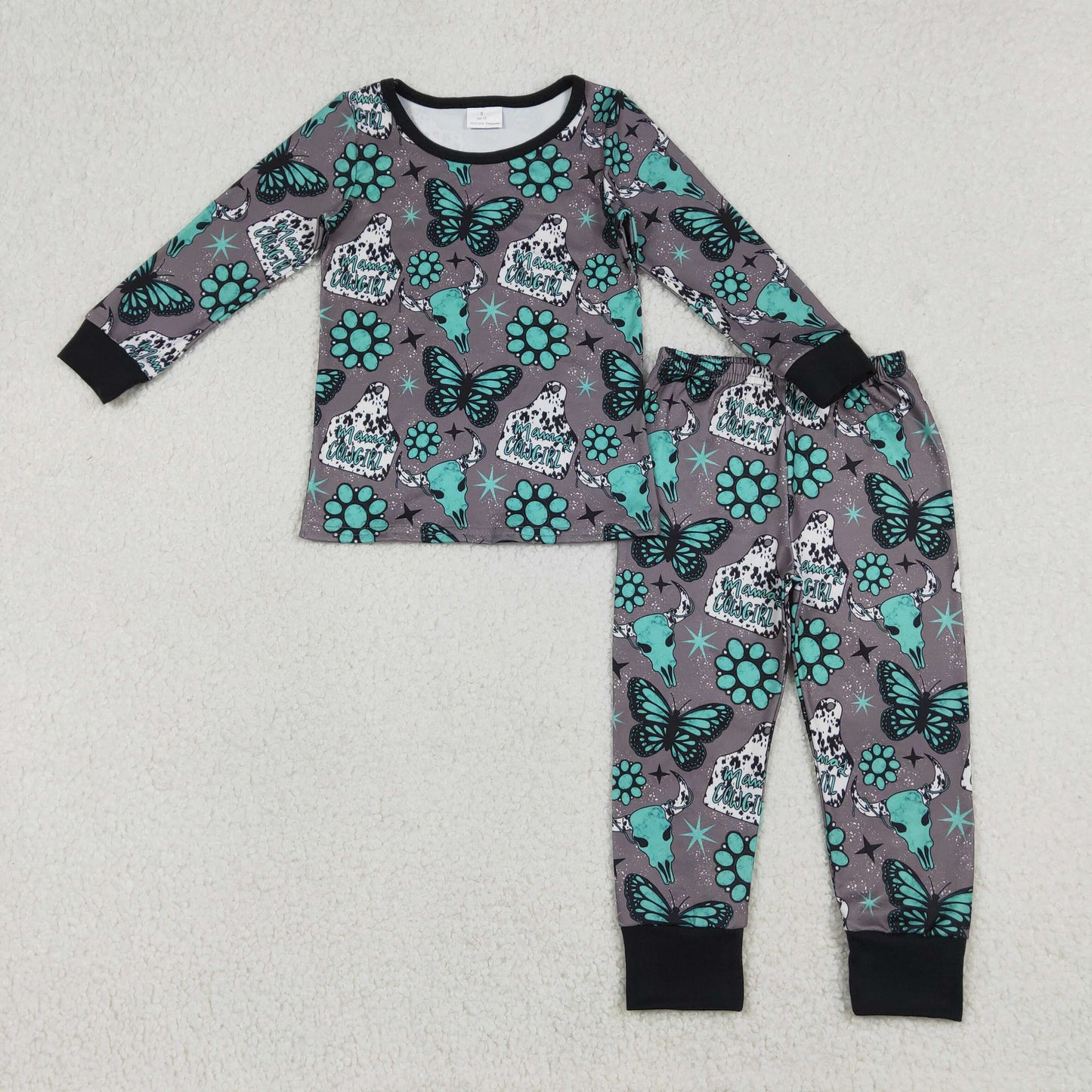 12.26 RTS NO MOQ （In stock）GLP3254 Baby Girls Bull Skulls Butterfly Turquoises Top Pants Western Pajamas Sets