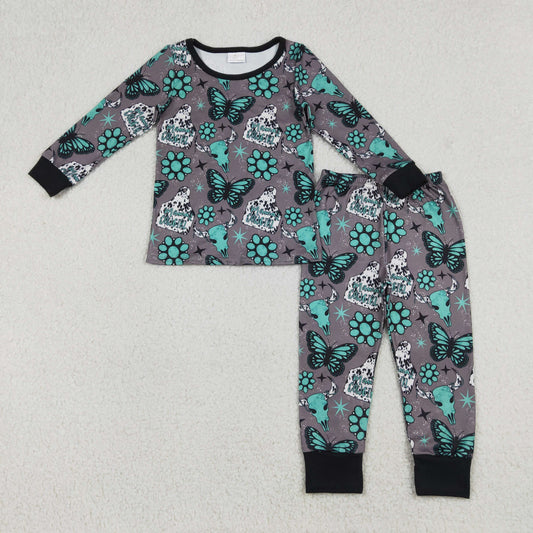 12.26 RTS NO MOQ （In stock）GLP3254 Baby Girls Bull Skulls Butterfly Turquoises Top Pants Western Pajamas Sets