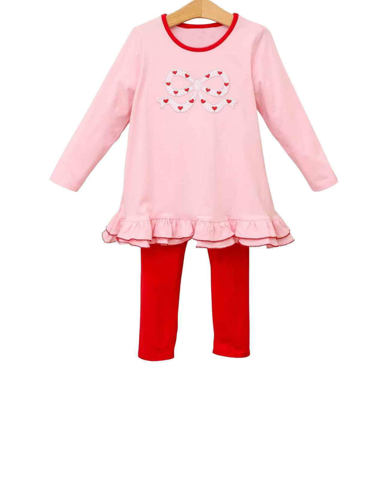 12.5 GLP3259 Pre order No Moq Baby Girls Pink Heart Bows Ruffle Tunic Leggings Valentines Clothes Sets