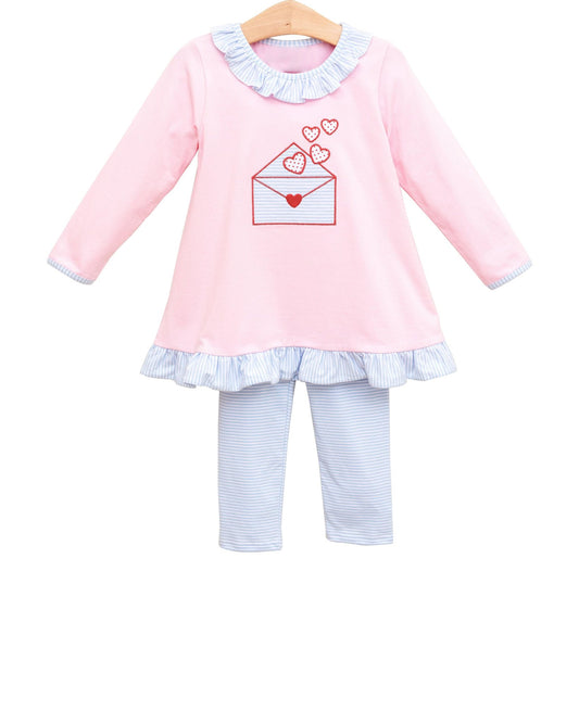 12.5 GLP3260 Pre order No Moq Baby Girls Collar Heart Letters Ruffle Tunic Stripe Leggings Valentines Clothes Sets