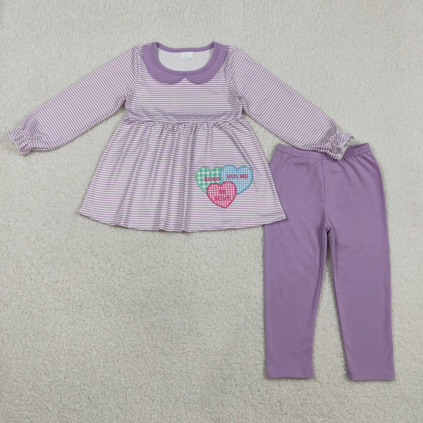 1.23 RTS NO MOQ （In stock）GLP3262 Embroidery XOXO Hearts Baby Girls Stripe Collar Tunic Leggings Valentines Clothes Set