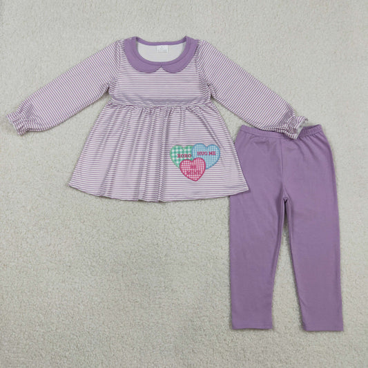 1.23 RTS NO MOQ （In stock）GLP3262 Embroidery XOXO Hearts Baby Girls Stripe Collar Tunic Leggings Valentines Clothes Set