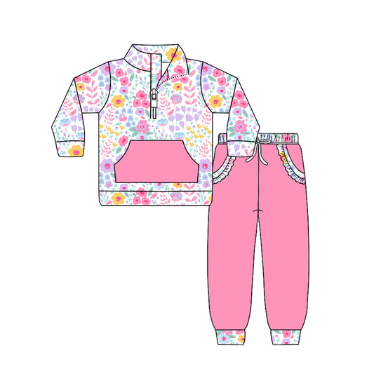 12.11 GLP3277 Pre order No Moq Baby Girls Colorful Flowers Zip Pocket Pullovers Jogger Pants Clothes Sets