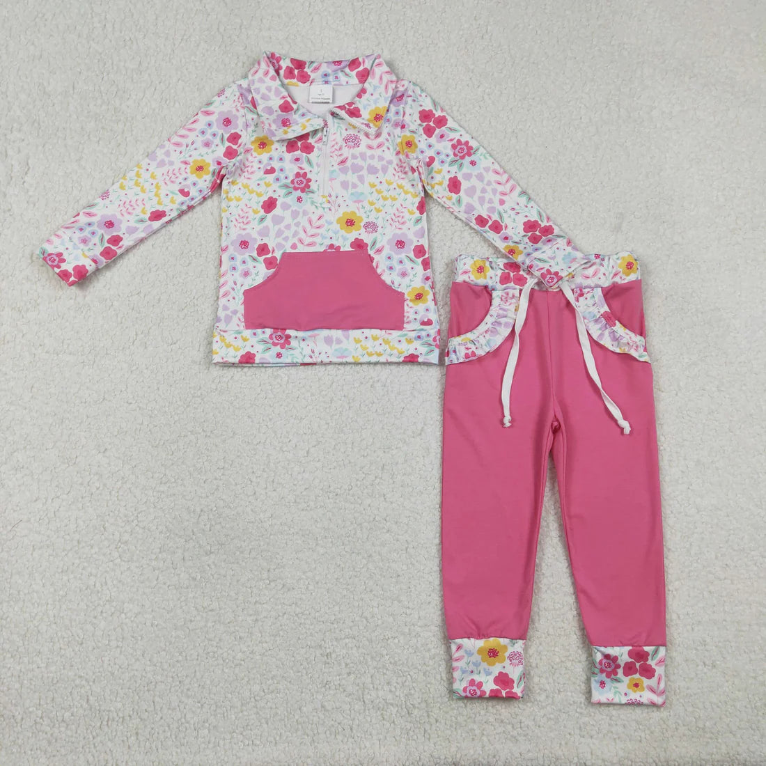 1.10 RTS Sibling Baby Girls Colorful Floral Pocket Zip Pullovers Jogger Pants Clothes Sets