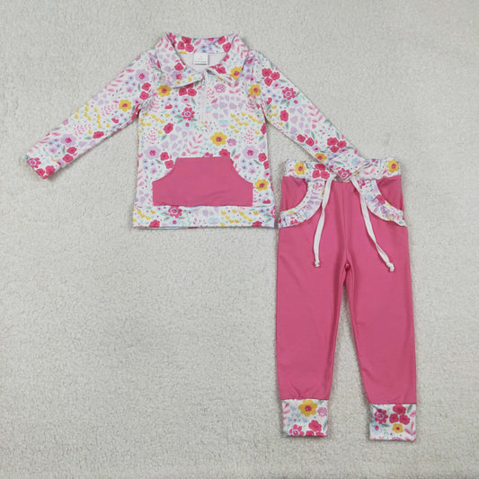 12.29 RTS NO MOQ （In stock）GLP3277 Baby Girls Colorful Flowers Zip Pocket Pullovers Jogger Pants Clothes Sets