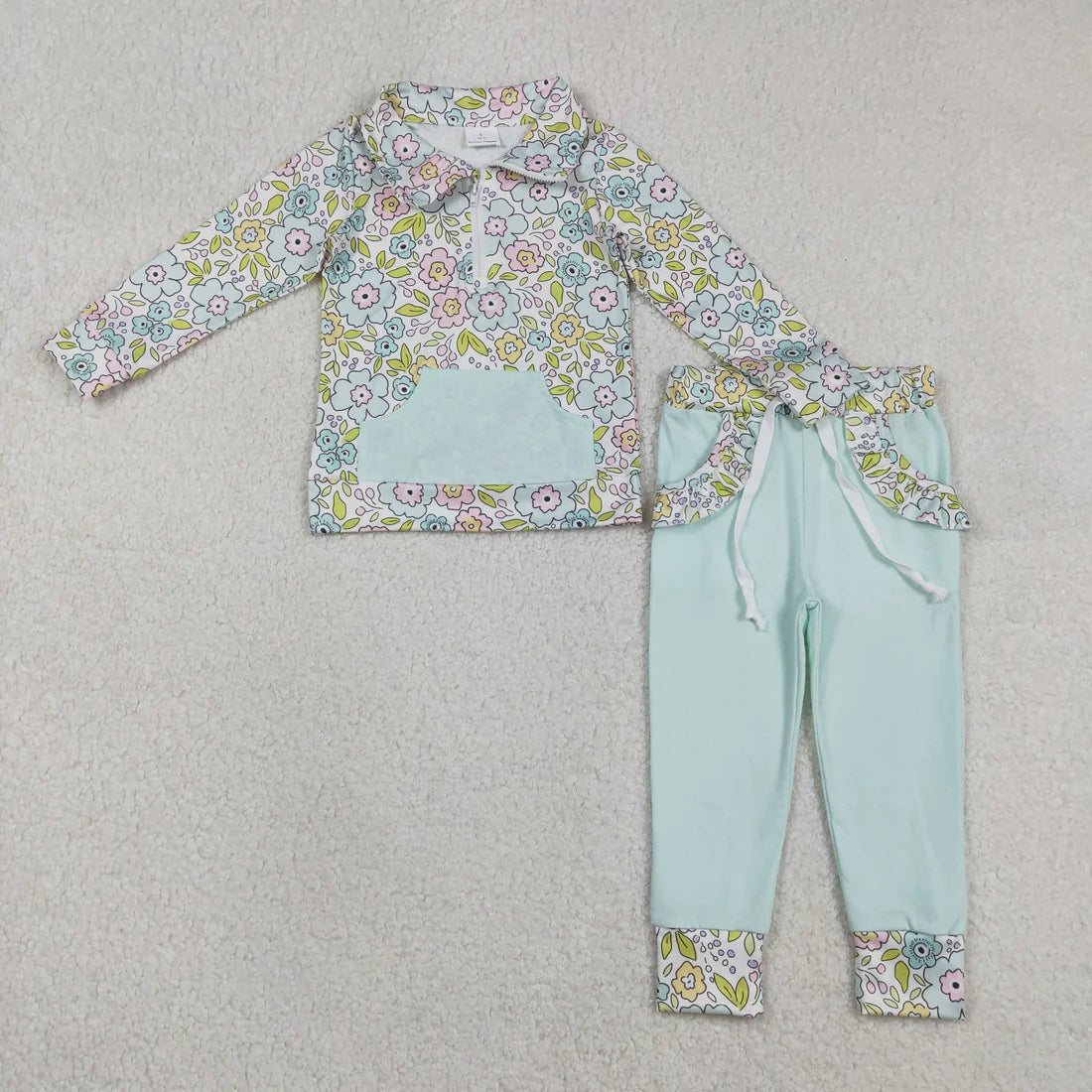 1.10 RTS Sibling Baby Girls Colorful Floral Pocket Zip Pullovers Jogger Pants Clothes Sets