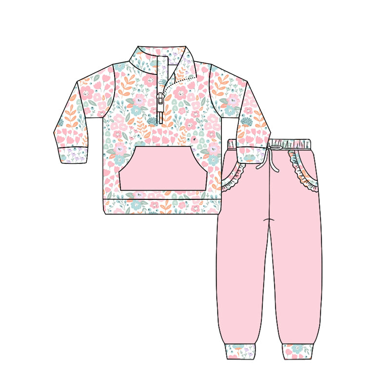 12.11 GLP3279 Pre order No Moq Baby Girls Colorful Flowers Zip Pocket Pullovers Jogger Pants Clothes Sets