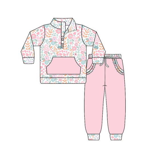 12.11 GLP3279 Pre order No Moq Baby Girls Colorful Flowers Zip Pocket Pullovers Jogger Pants Clothes Sets