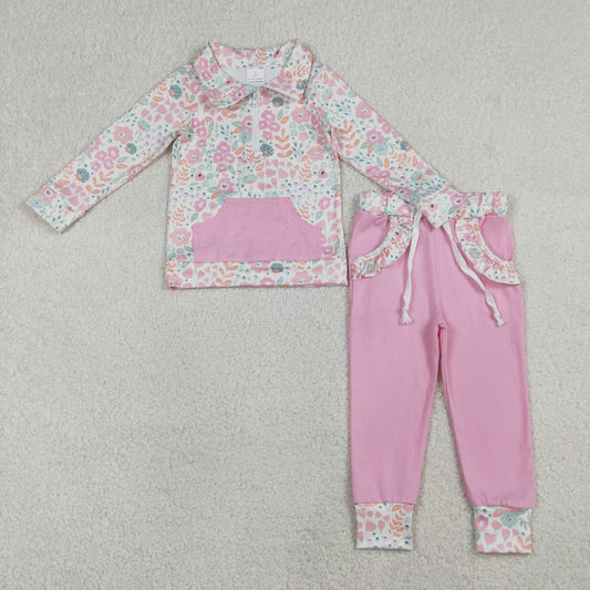 1.13 RTS NO MOQ （In stock）GLP3279 Baby Girls Colorful Flowers Zip Pocket Pullovers Jogger Pants Clothes Sets