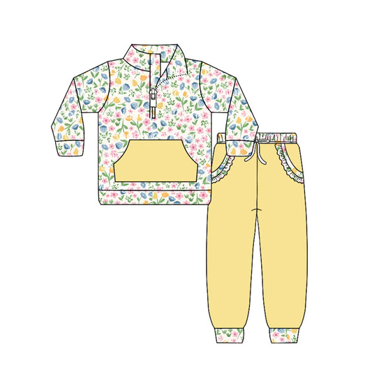 12.11 GLP3280 Pre order No Moq Baby Girls Colorful Flowers Zip Pocket Pullovers Jogger Pants Clothes Sets