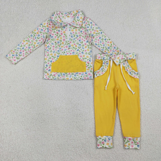 1.15 RTS NO MOQ （In stock）GLP3280 Baby Girls Colorful Flowers Zip Pocket Pullovers Jogger Pants Clothes Sets