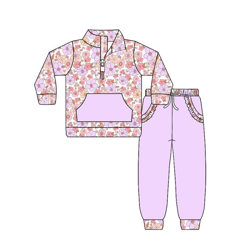 12.11 GLP3281 Pre order No Moq Baby Girls Colorful Flowers Zip Pocket Pullovers Jogger Pants Clothes Sets
