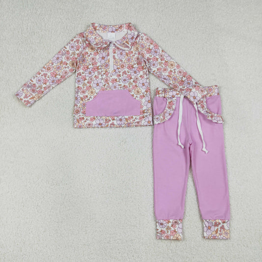 1.8 RTS NO MOQ （In stock）GLP3281 Baby Girls Colorful Flowers Zip Pocket Pullovers Jogger Pants Clothes Sets