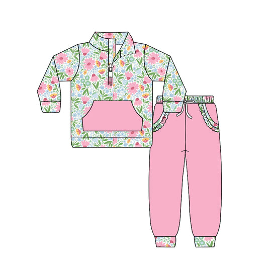 12.11 GLP3282 Pre order No Moq Baby Girls Colorful Flowers Zip Pocket Pullovers Jogger Pants Clothes Sets