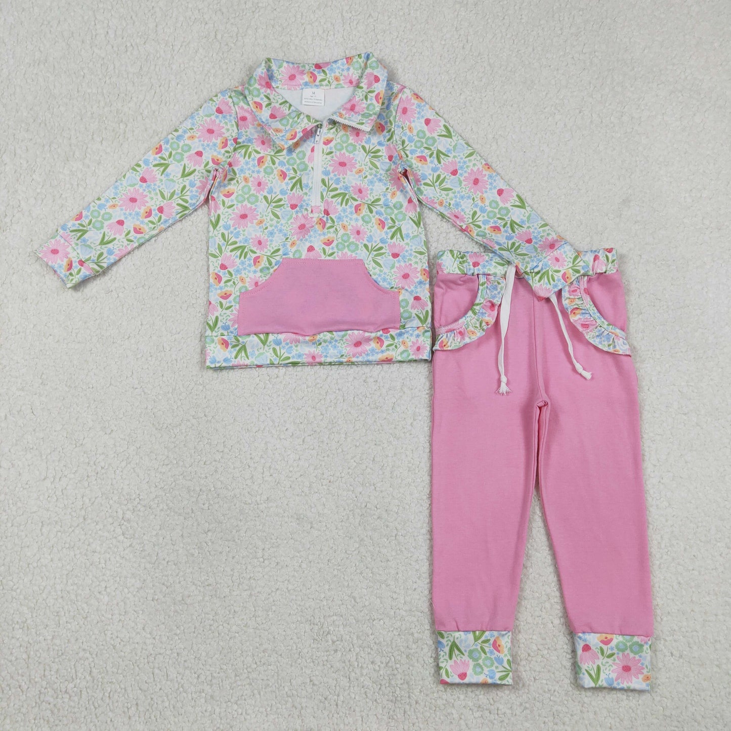 1.7 RTS NO MOQ （In stock）GLP3282 Baby Girls Colorful Flowers Zip Pocket Pullovers Jogger Pants Clothes Sets