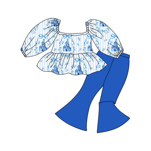 12.12 GLP3283 Pre order No Moq Baby Girls Blue Stripe Bows Castles Tunic Bell Bottom Pants Clothes Sets