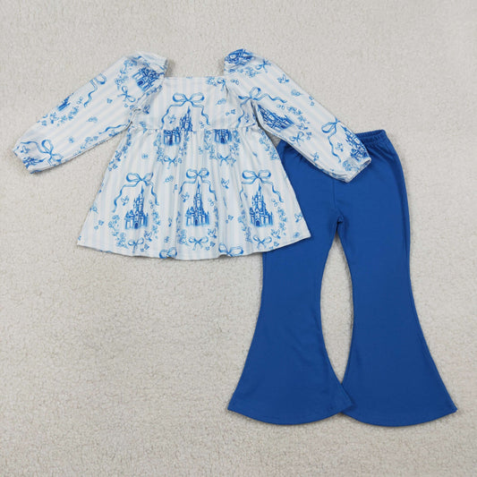 1.14 RTS NO MOQ （In stock）GLP3283 Baby Girls Blue Stripe Bows Castles Tunic Bell Bottom Pants Clothes Sets