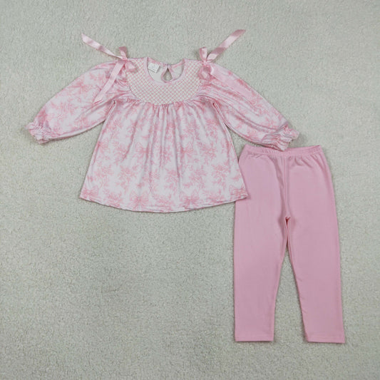 2.4 RTS NO MOQ （In stock）GLP3285 Embroidery Checked Baby Girls Pink Flowers Tunic Legging Pants Clothes Sets